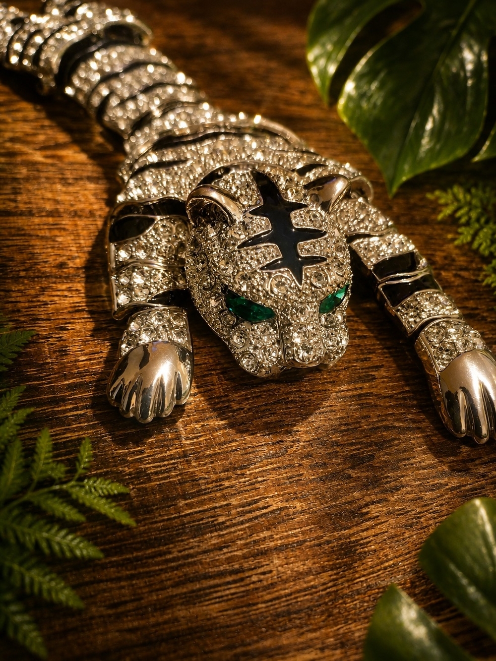 Rhinestone Tiger Brooch with Green Eyes - Silver Tone
